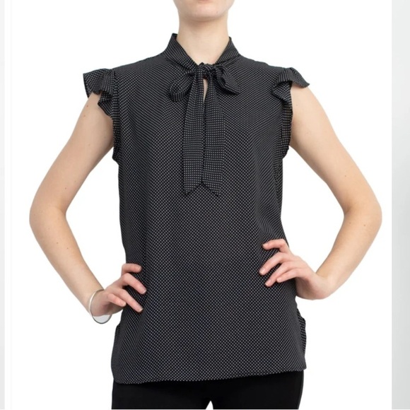 Counterparts Tops - Counterparts Black & White Mini Polka Dot Blouse Tie Neck Flutter Sleeves Size S